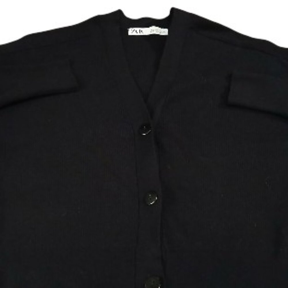 ZARA Black Ribbed Button Knit Crop Balloon Sleeve Cardigan - Picture 7 of 9